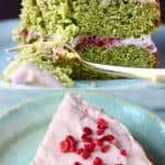 A collage of two gluten-free vegan matcha strawberry cake photos
