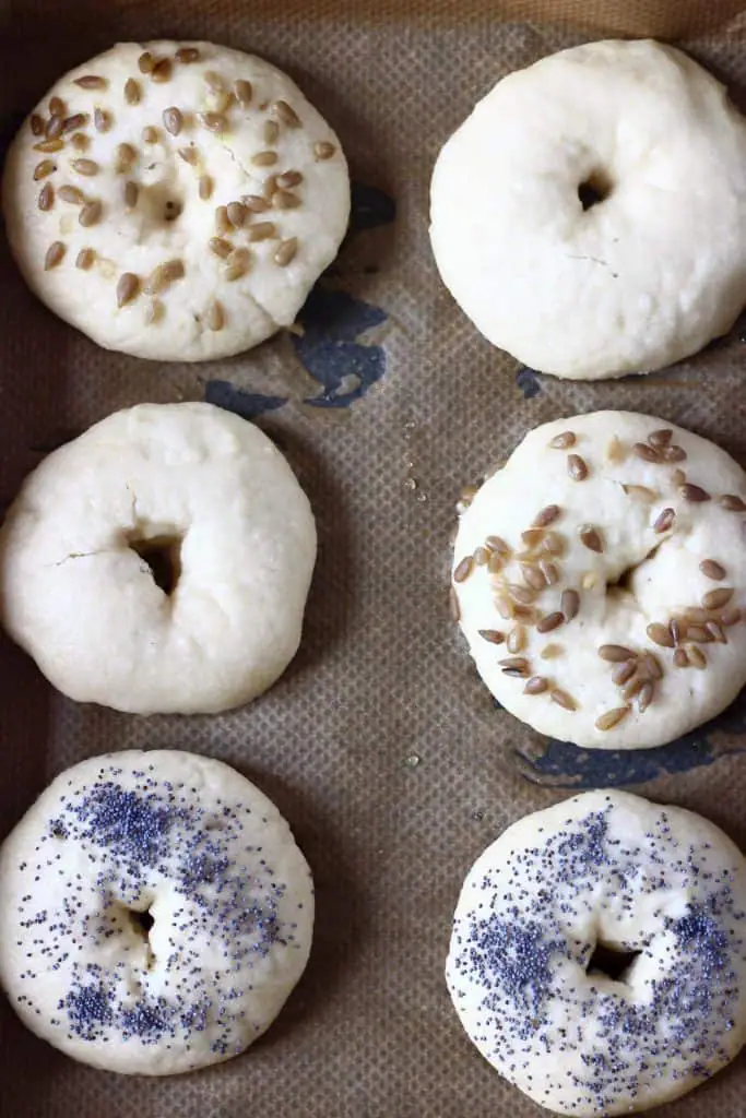 Six bagels topped with seeds on a sheet of brown baking paper
