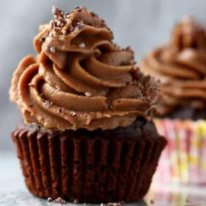 Two gluten-free vegan chocolate cupcakes with chocolate frosting piped on top
