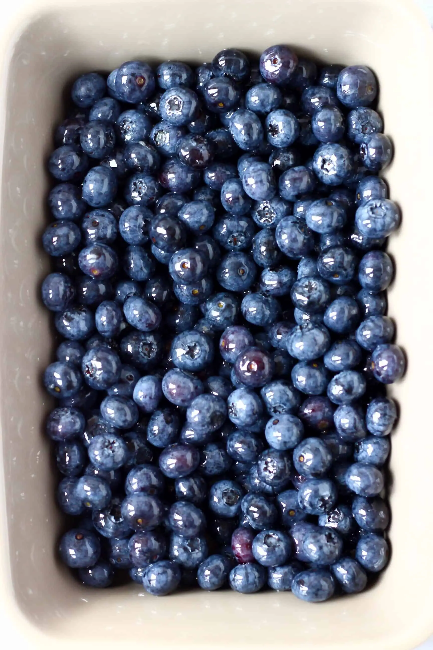 Blueberries in a grey rectangular baking dish