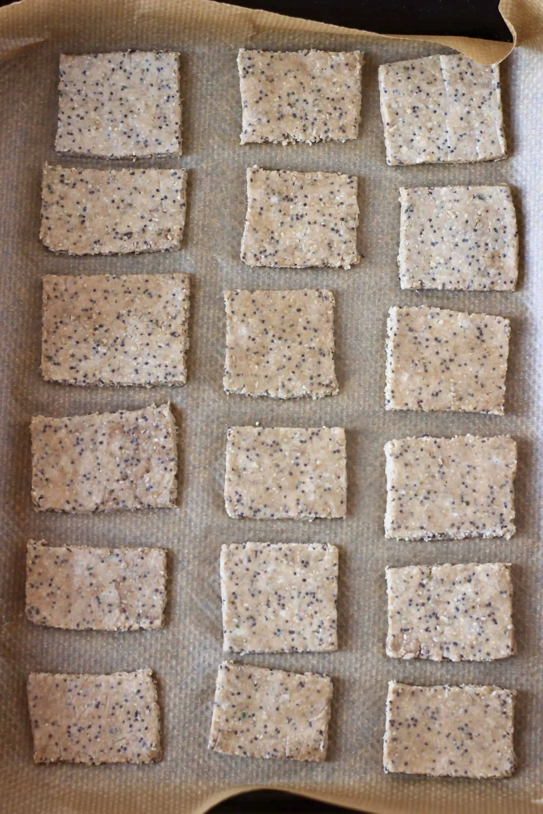 Eighteen square raw gluten-free vegan crackers on a baking tray lined with baking paper