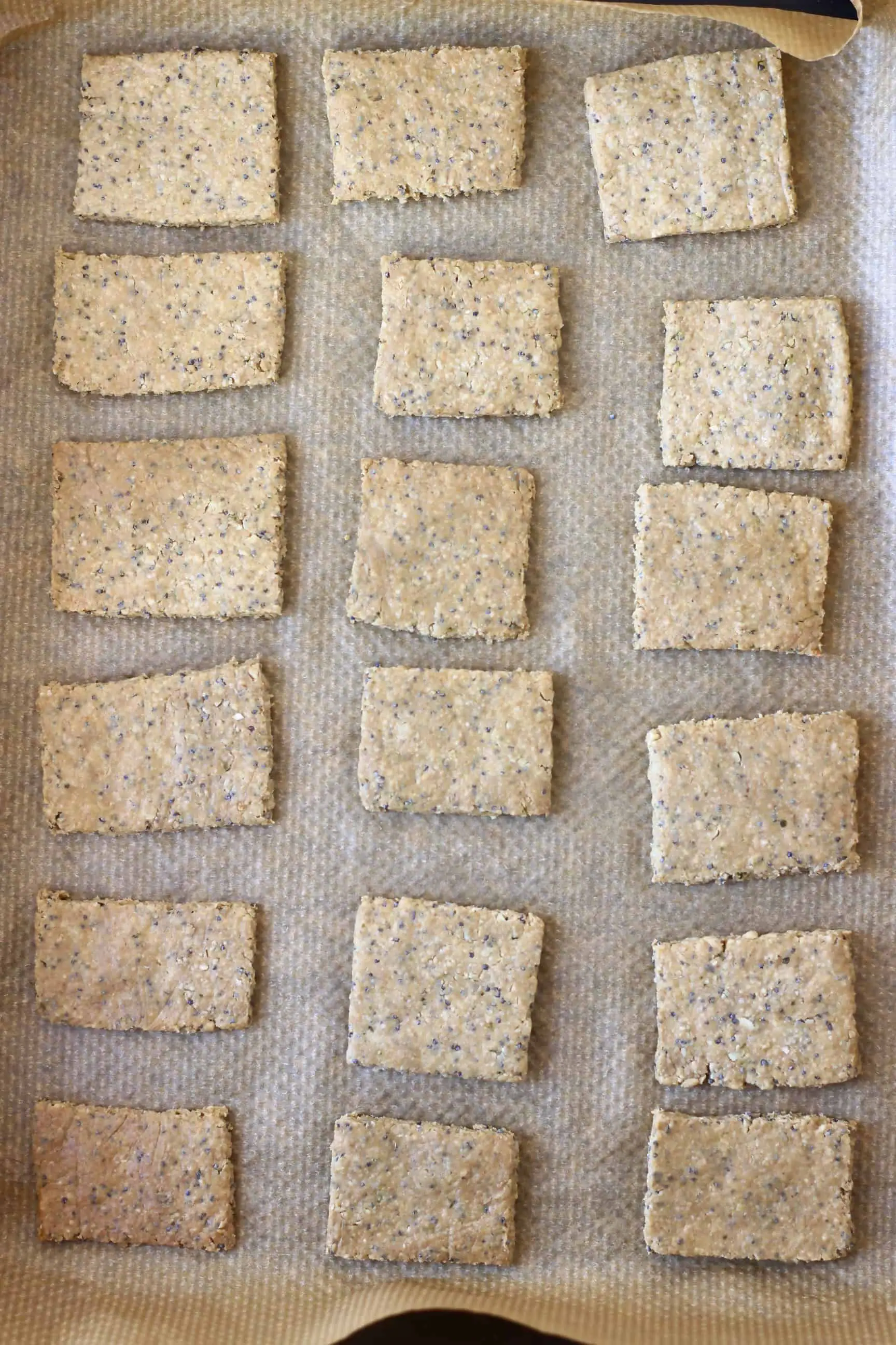 Eighteen square baked gluten-free vegan crackers on a baking tray lined with baking paper