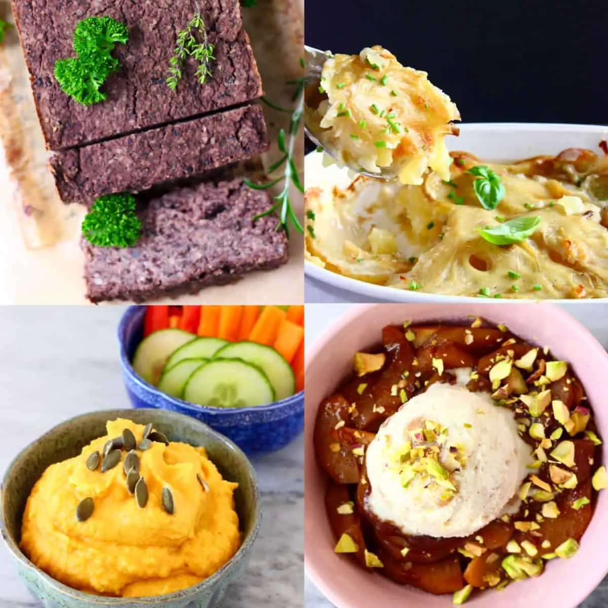 Collage of four budget-friendly vegan Thanksgiving recipes
