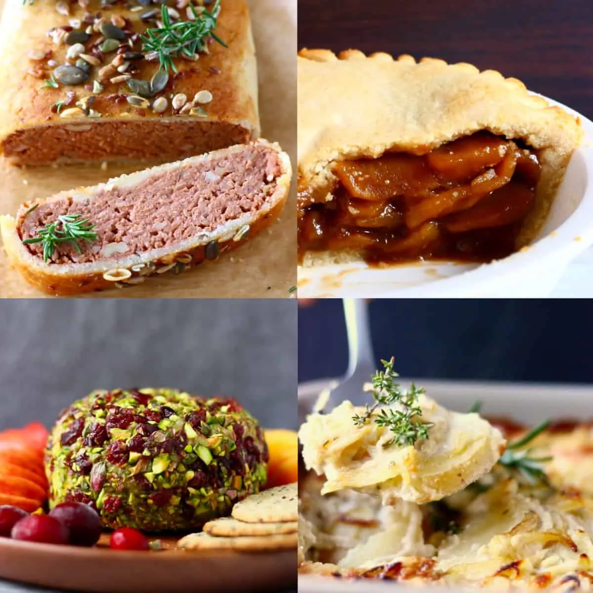 Collage of four impressive vegan Thanksgiving recipes