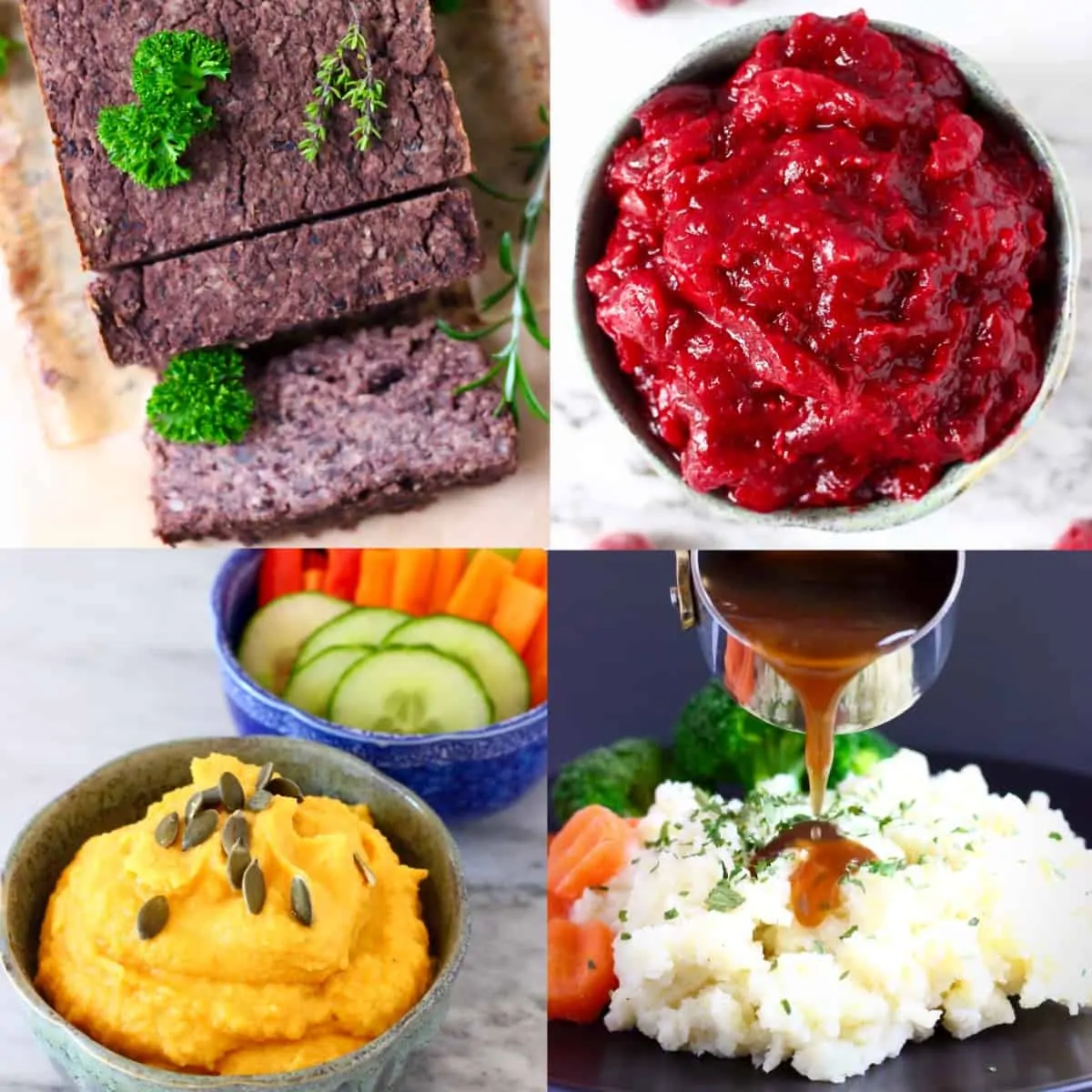 Collage of four easy vegan Thanksgiving recipes