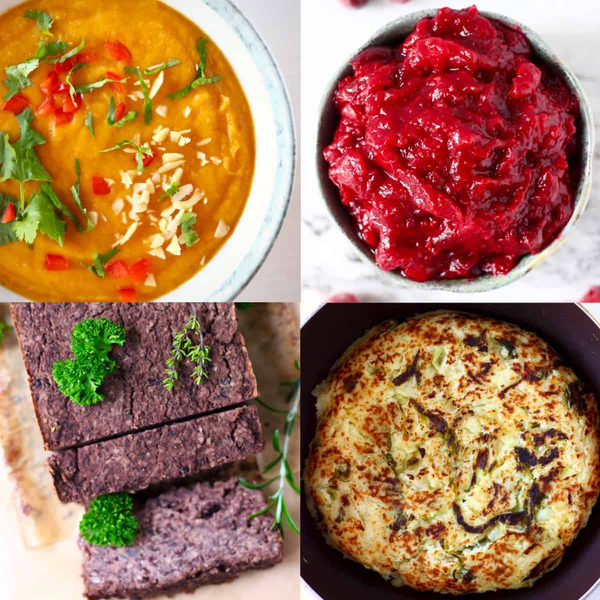 Un collage de cuatro fotos sobrantes veganas del Día de Acción de Gracias