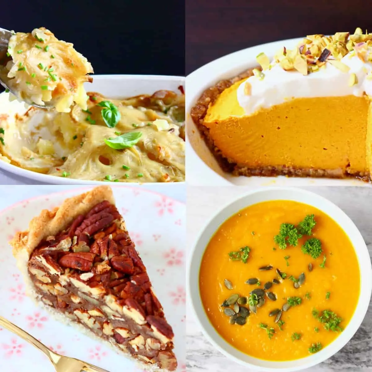A collage of four vegan Thanksgiving recipes photos
