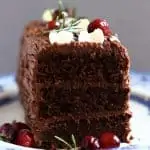 A slice of gluten-free vegan yule log with three layers topped with cranberries