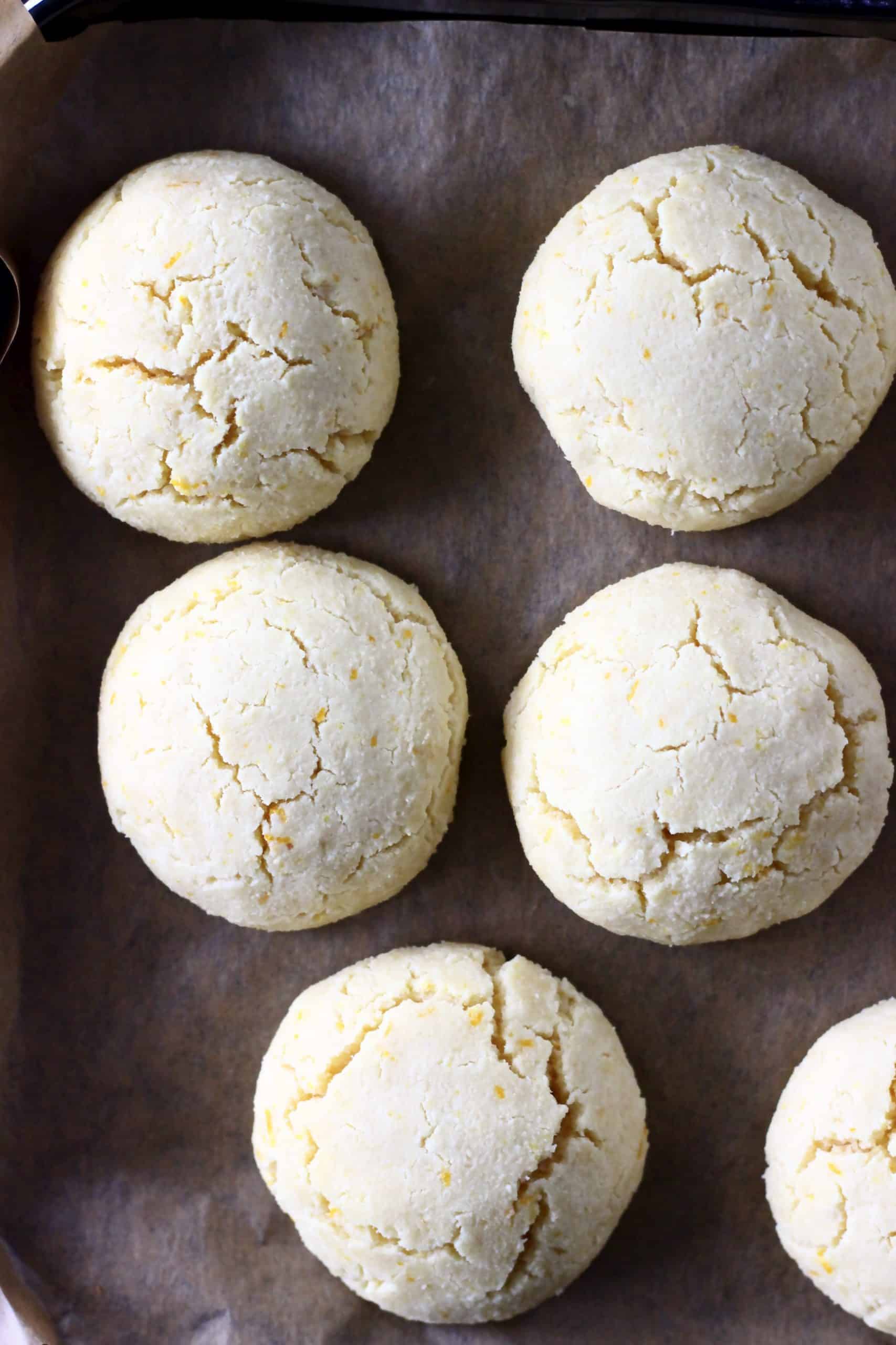 Seven gluten-free vegan orange cookies on a baking tray lined with baking paper