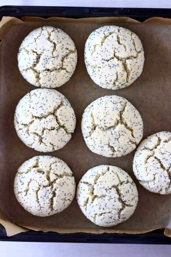 Seven lemon poppy seed cookies on a baking tray