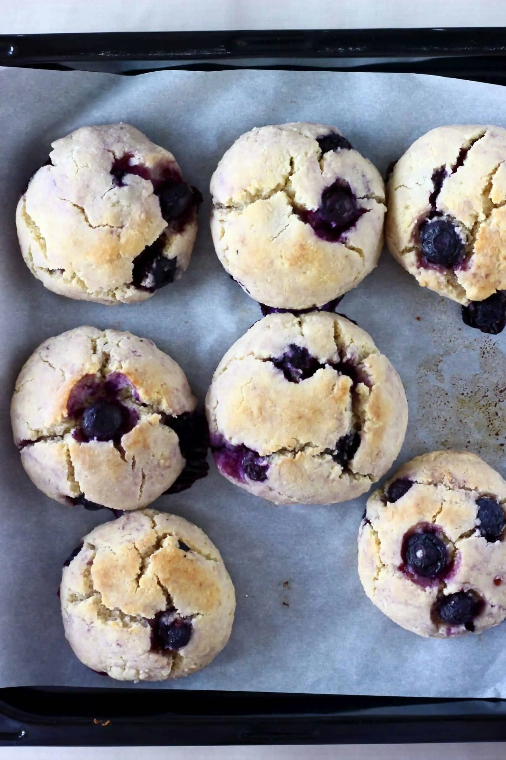 Seven gluten-free vegan lemon blueberry cookies on a baking tray lined with baking paper