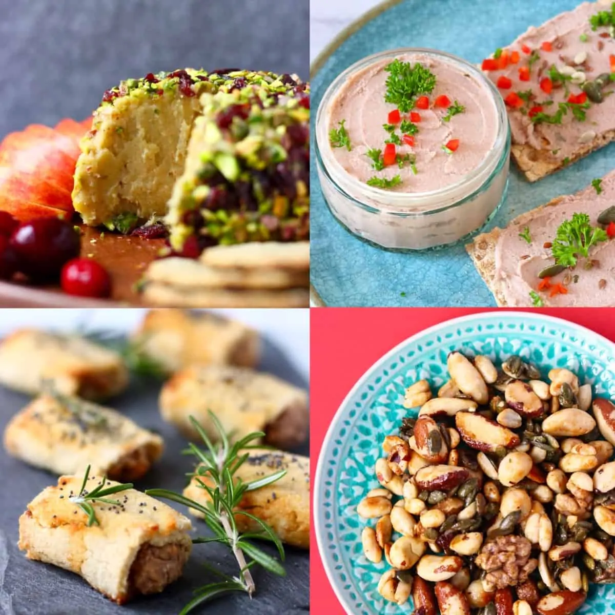 A collage of four appetizer photos for Vegan Christmas Dinner Menus