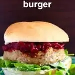 Vegan Christmas burger with cranberry sauce and rocket against a dark brown background