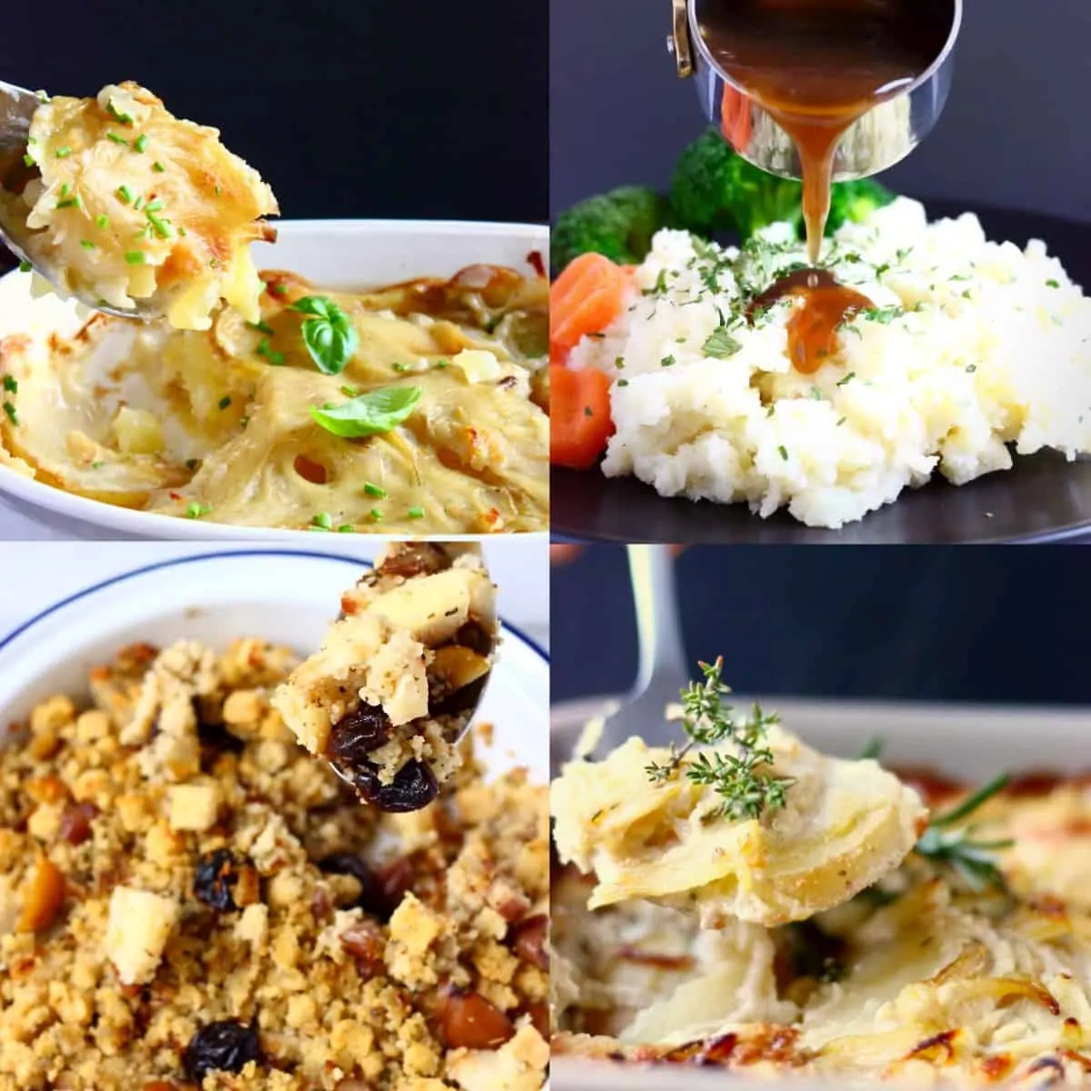A collage of four side dish photos for Vegan Christmas Dinner Menus