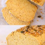 A collage of two flaxseed bread photos