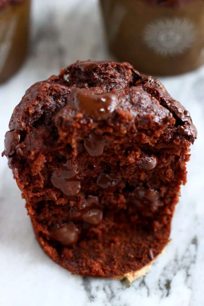 A halved chocolate banana muffin