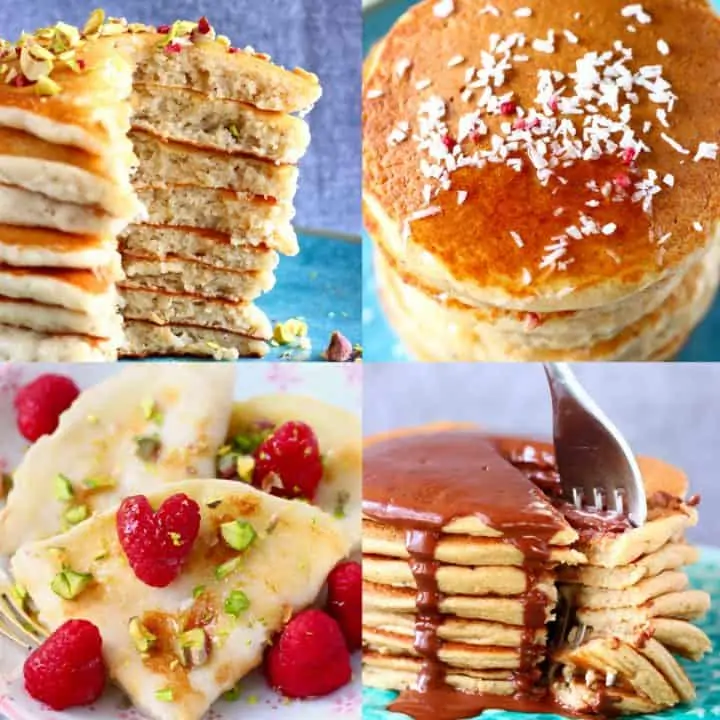 A collage of four gluten-free vegan pancake recipes photos