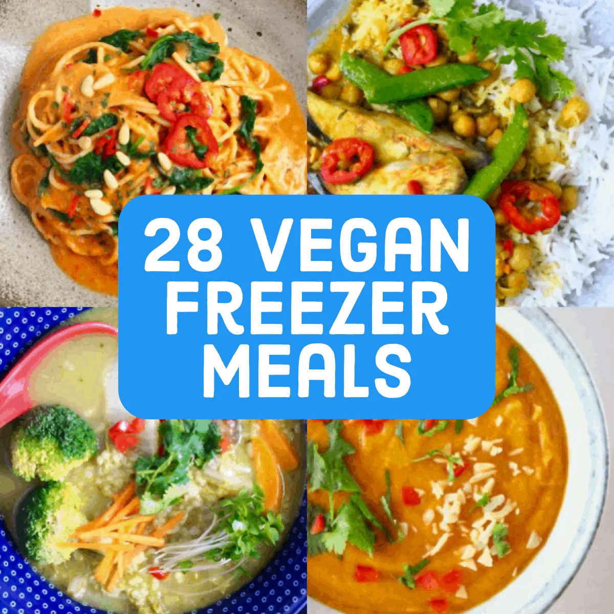 Collage of vegan freezer meals photos