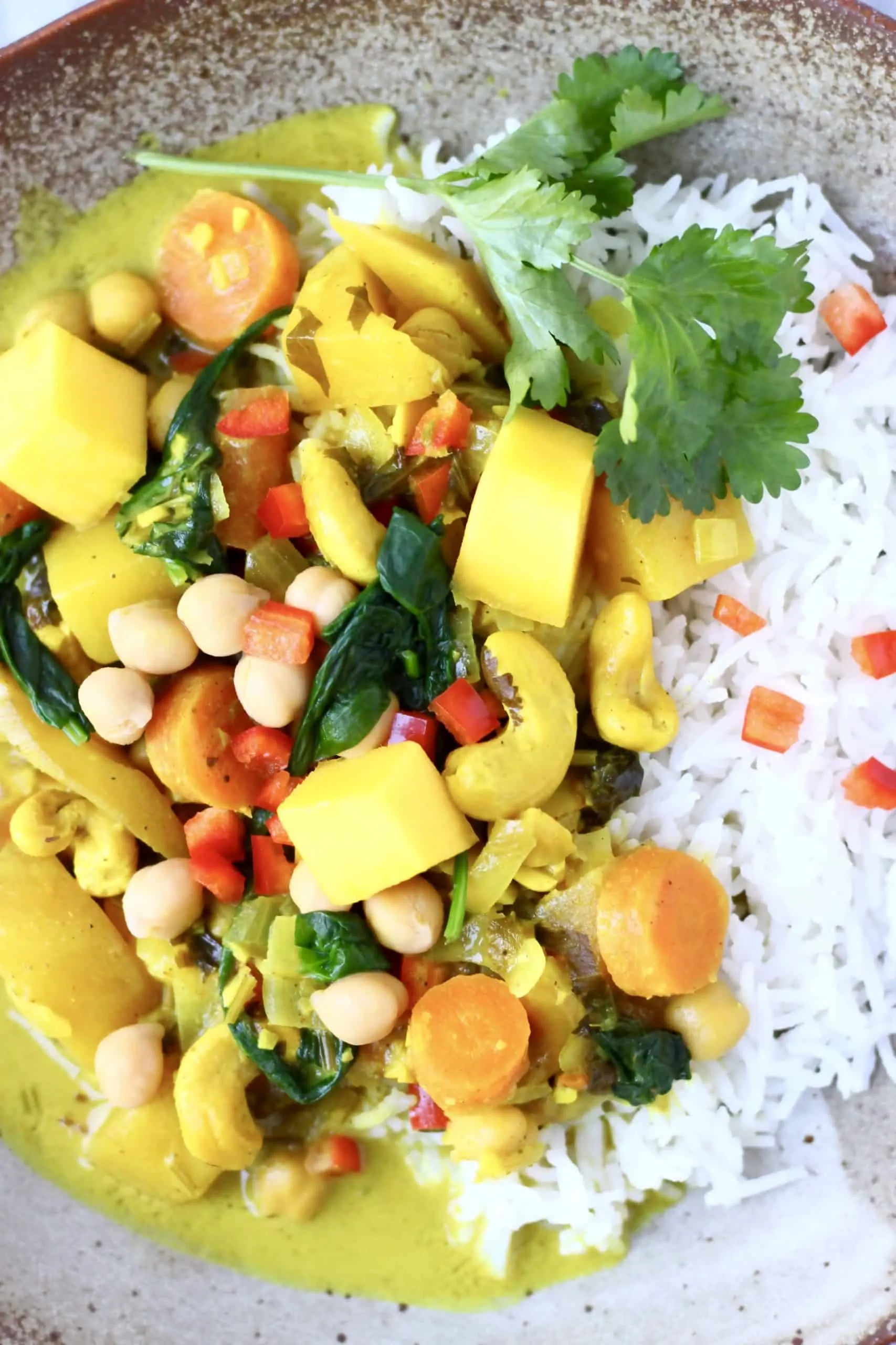 Chickpea mango cashew coconut curry with rice on a brown plate