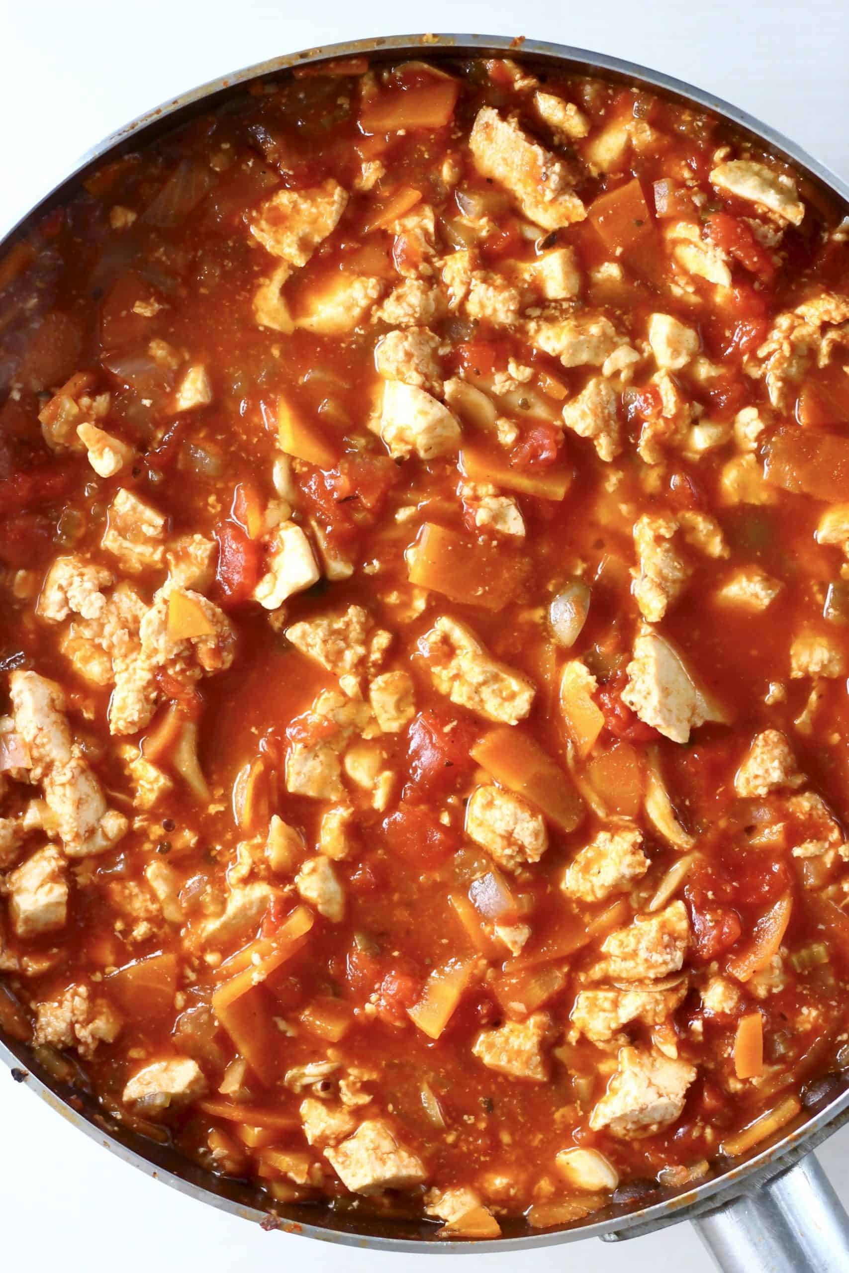 Vegan tofu bolognese sauce in a saucepan