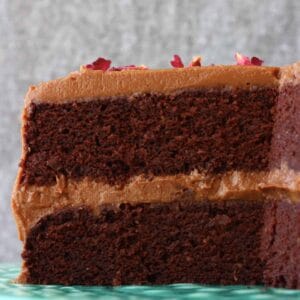 Gluten-free vegan chocolate cake with chocolate frosting on a cake stand