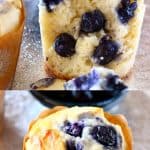 A collage of two vegan blueberry muffins photos
