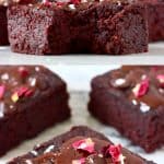 A collage of two beetroot brownies photos with text overlay