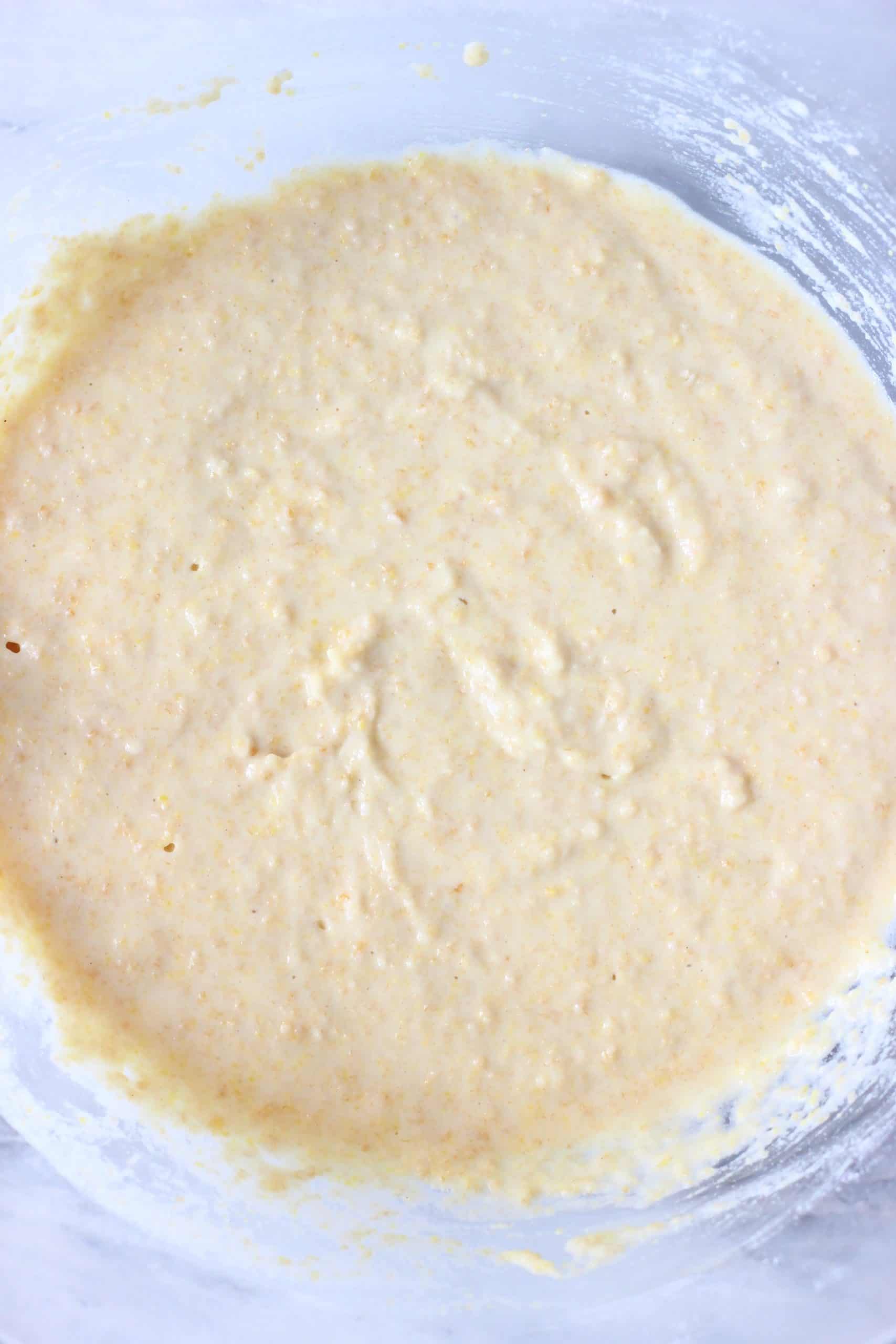 Flaxseed pancake batter in a glass bowl