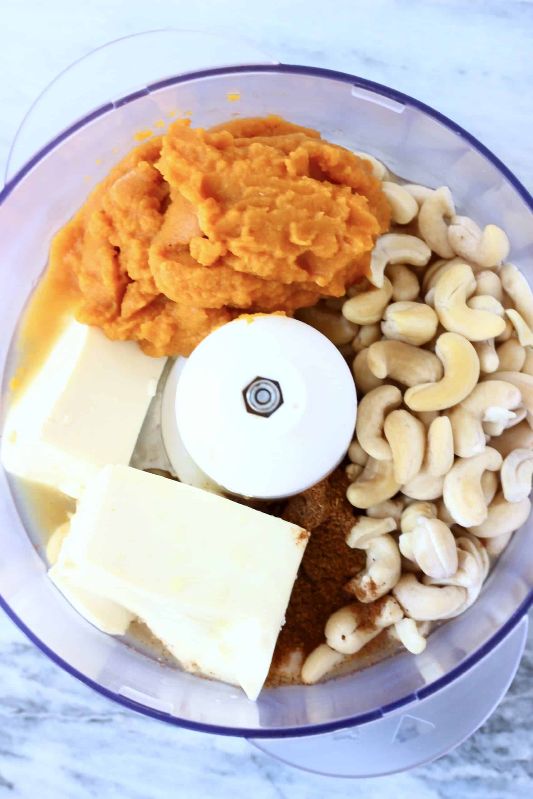 Tofu, pumpkin purée, cashew nuts, spices and maple syrup in a food processor