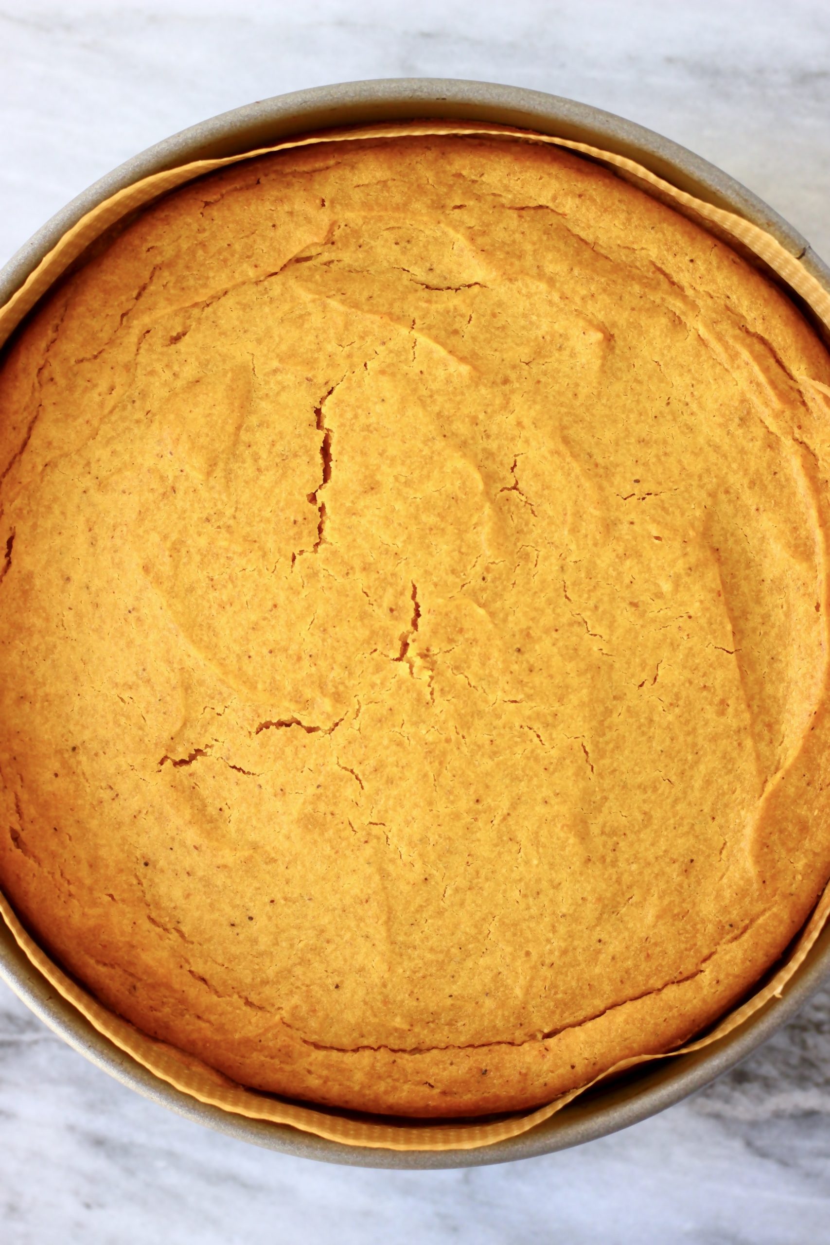 Vegan baked pumpkin cheesecake in a springform baking tin