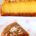 A collage of two vegan baked pumpkin cheesecake photos