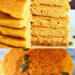 A collage of two gluten-free vegan pumpkin pancake photos