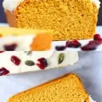 A collage of two gluten-free vegan pumpkin loaf cake photos