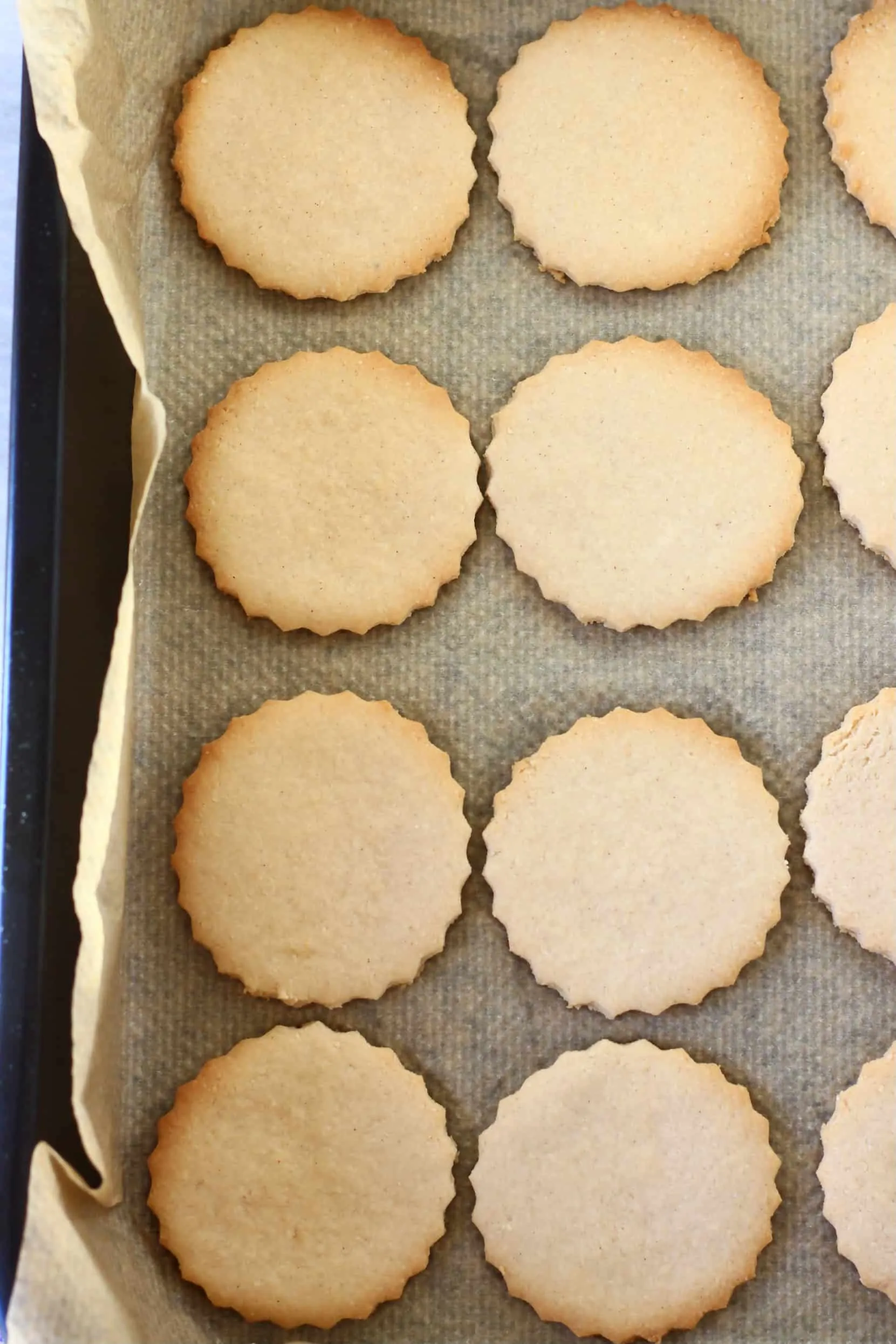 Eight gluten-free vegan linzer cookie circles on a baking tray lined with baking paper