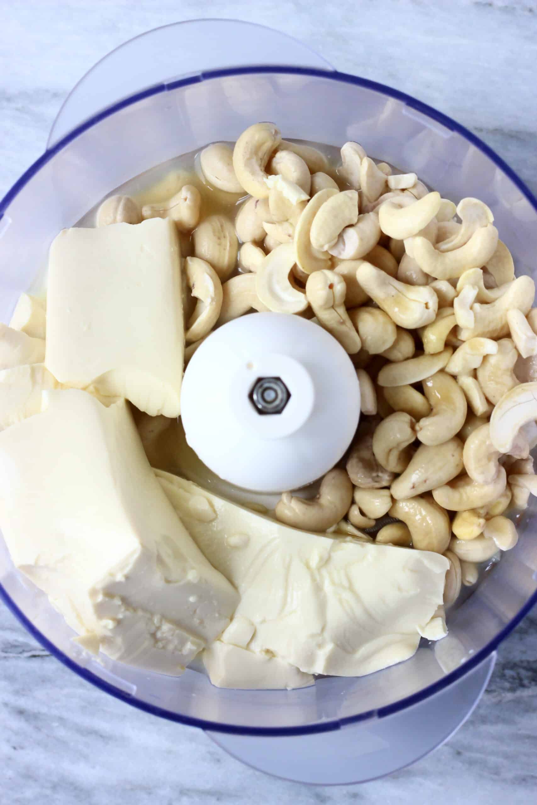 Silken tofu, cashew nuts, maple syrup and lemon juice in a food processor