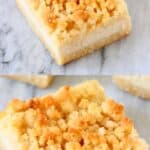 A collage of two vegan lemon cheesecake crumble bars photos