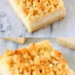 A collage of two vegan lemon cheesecake crumble bars photos