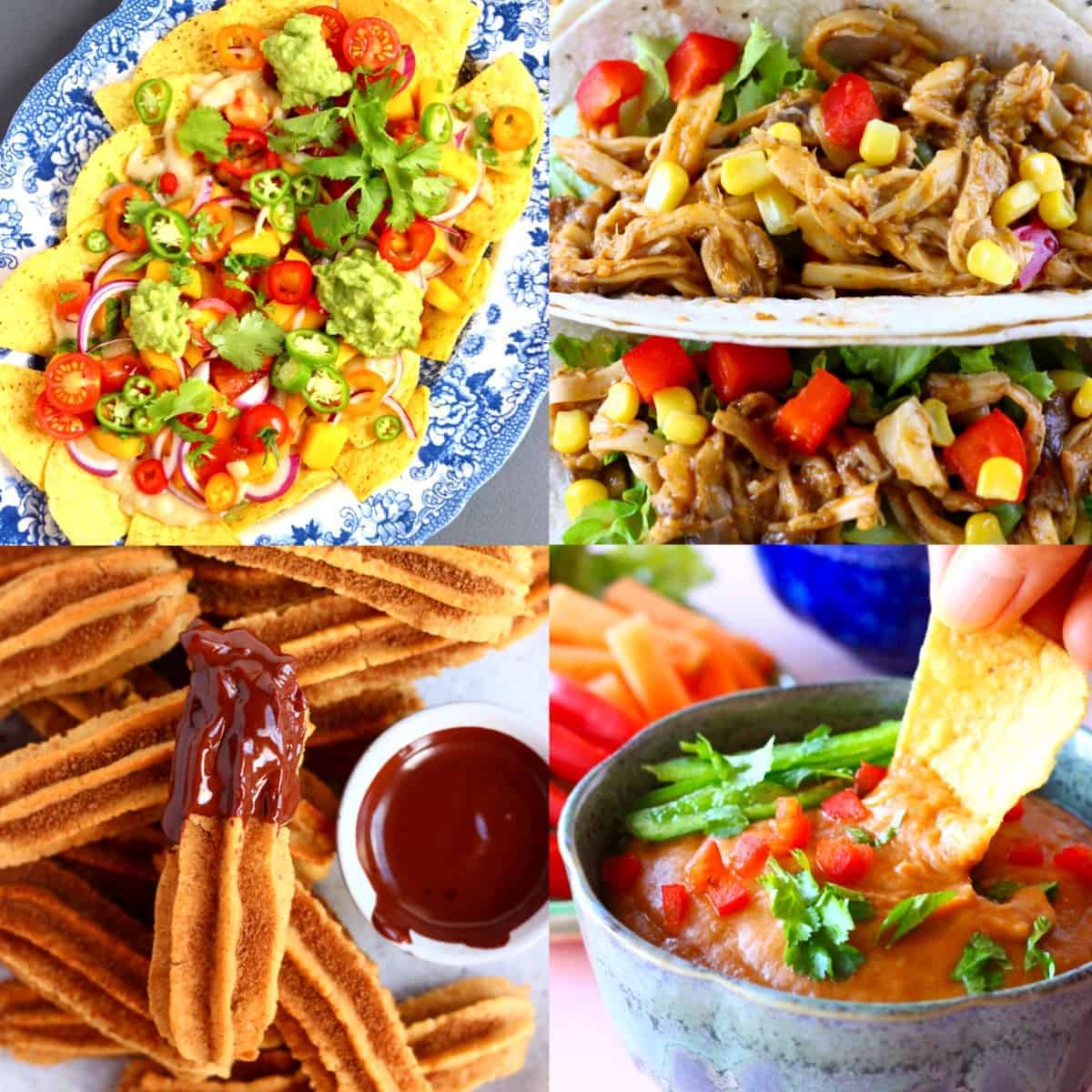 Un collage de cuatro fotos de recetas veganas mexicanas