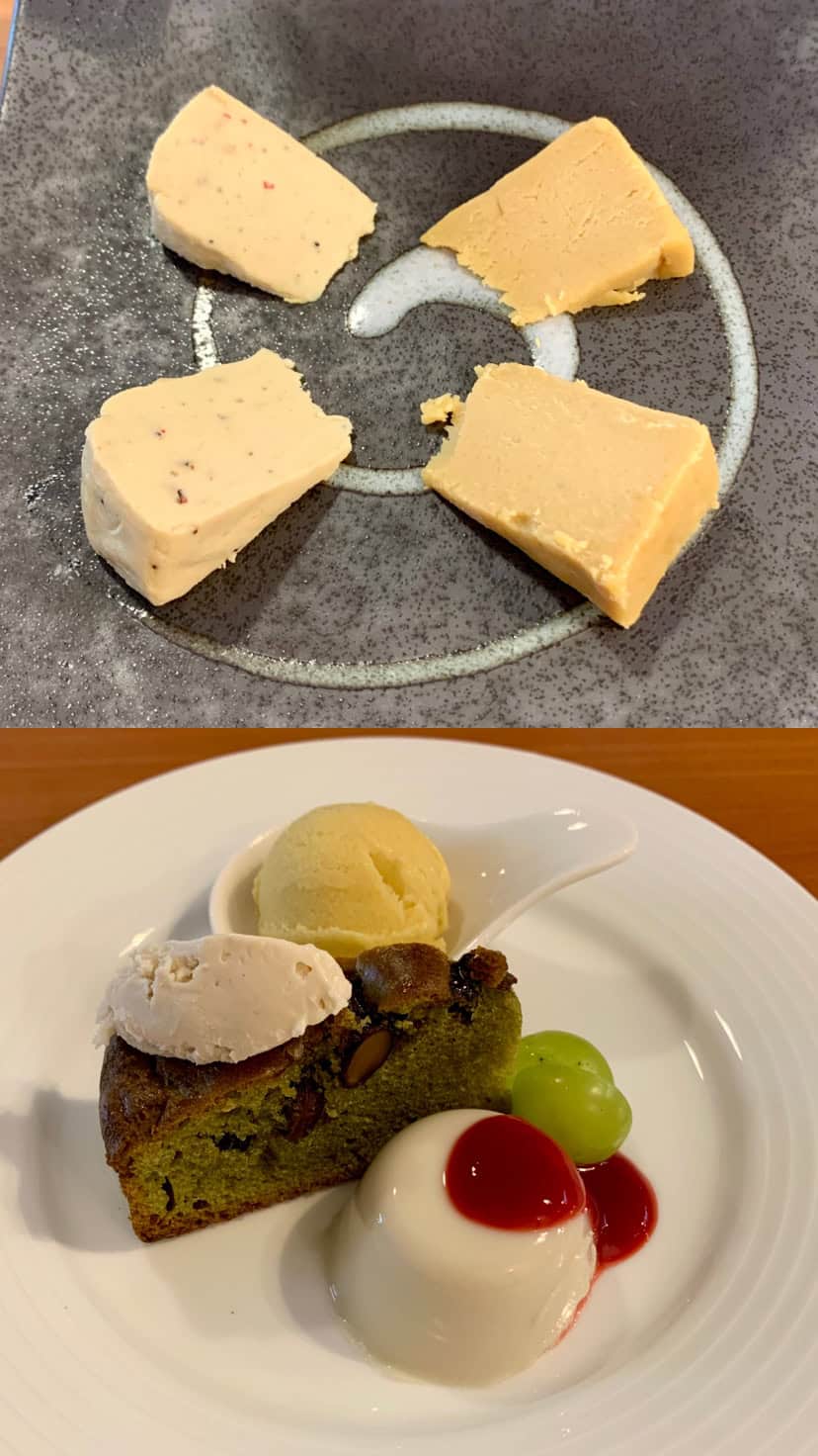 A plate of vegan cheese and vegan dessert plate at Vegan Restaurant F in Kyoto