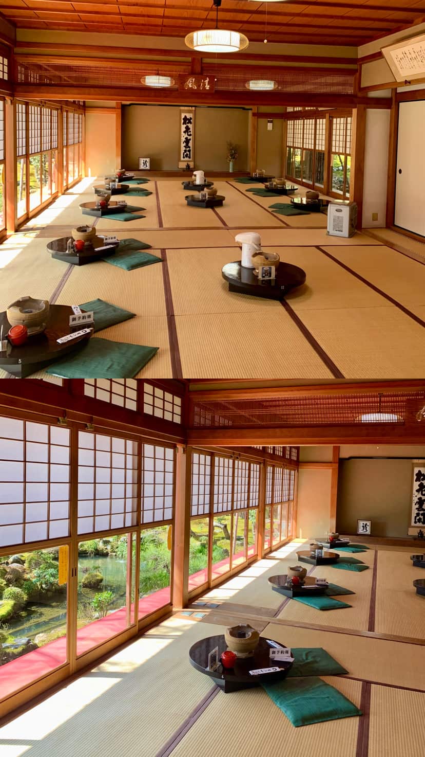 Interiors and garden view at Seigen-in restaurant at Ryonaji Temple