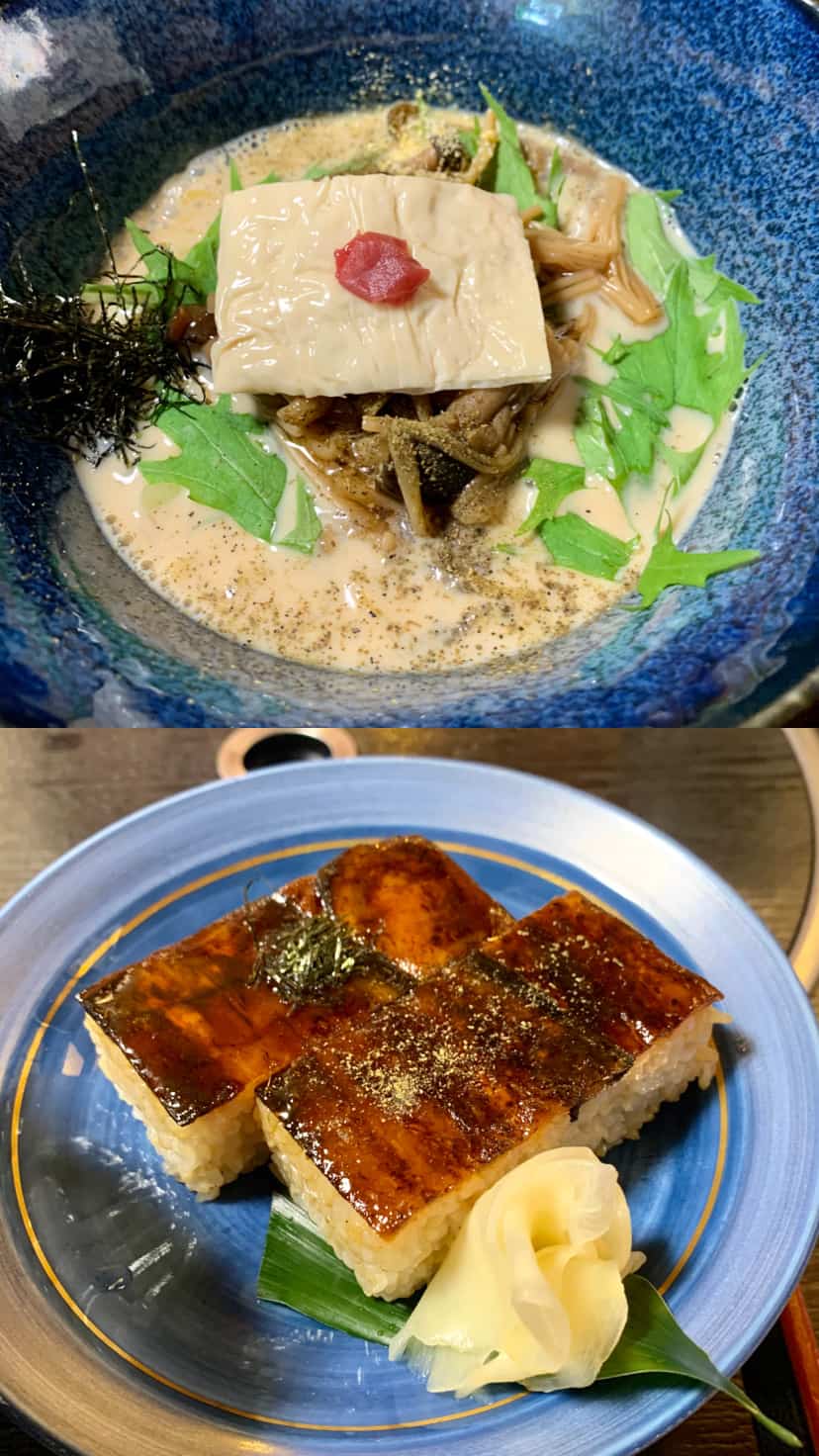 Vegan soy milk ramen and vegan eggplant sushi at Vegan Ramen Towzen