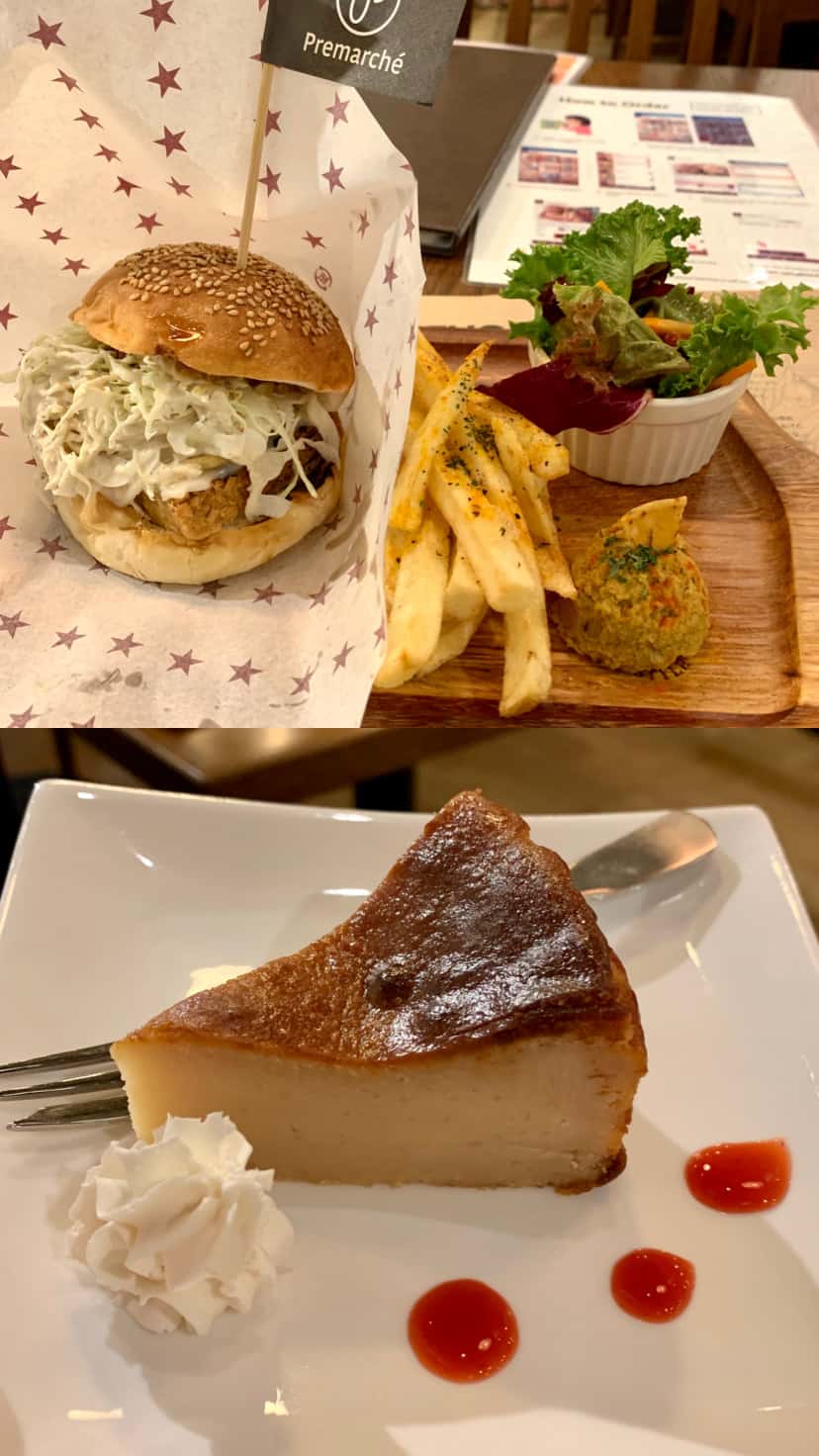 A vegan burger and fries and vegan cheesecake from Premarché Alternative Diner