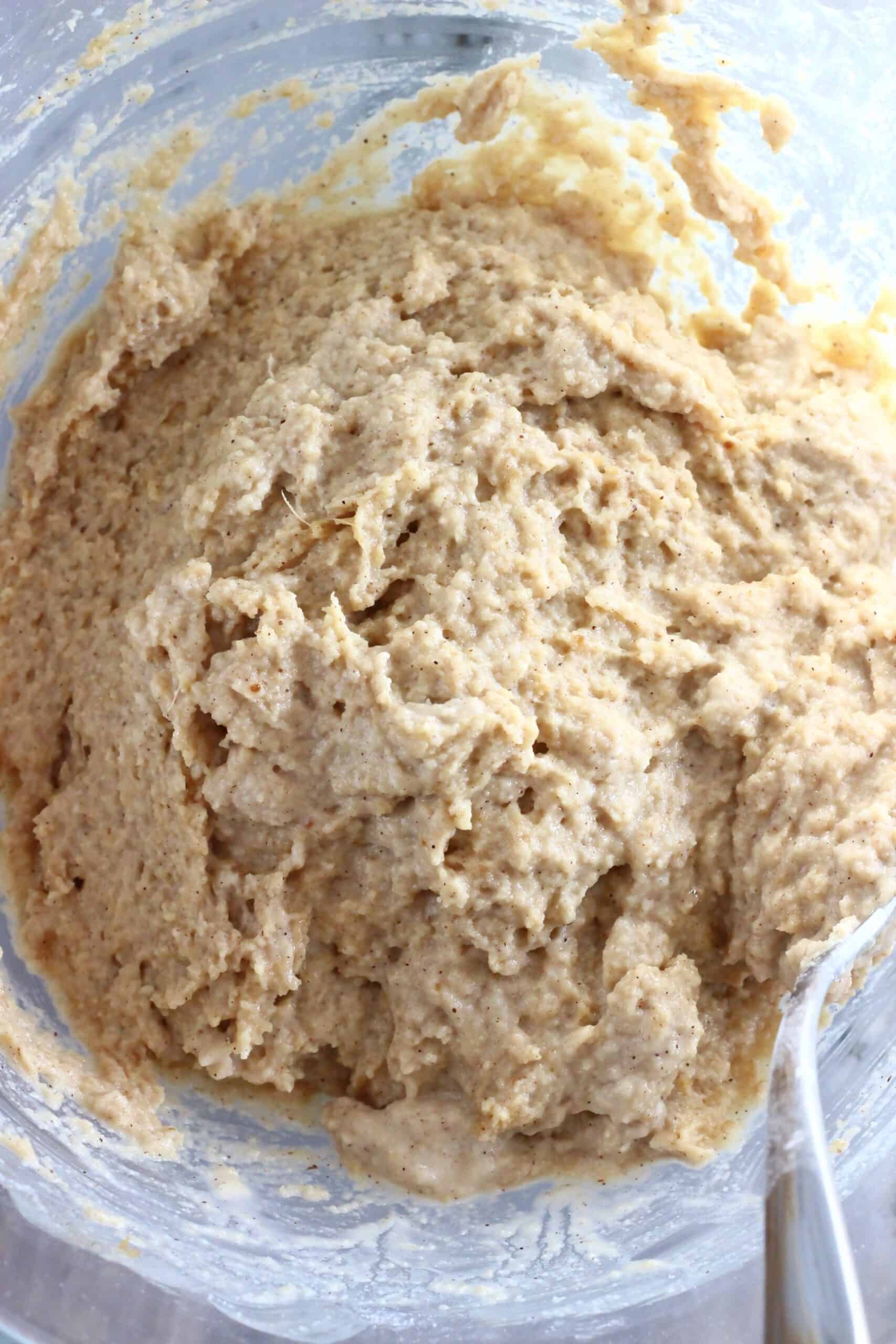 Raw gluten-free vegan ginger cake batter in a mixing bowl