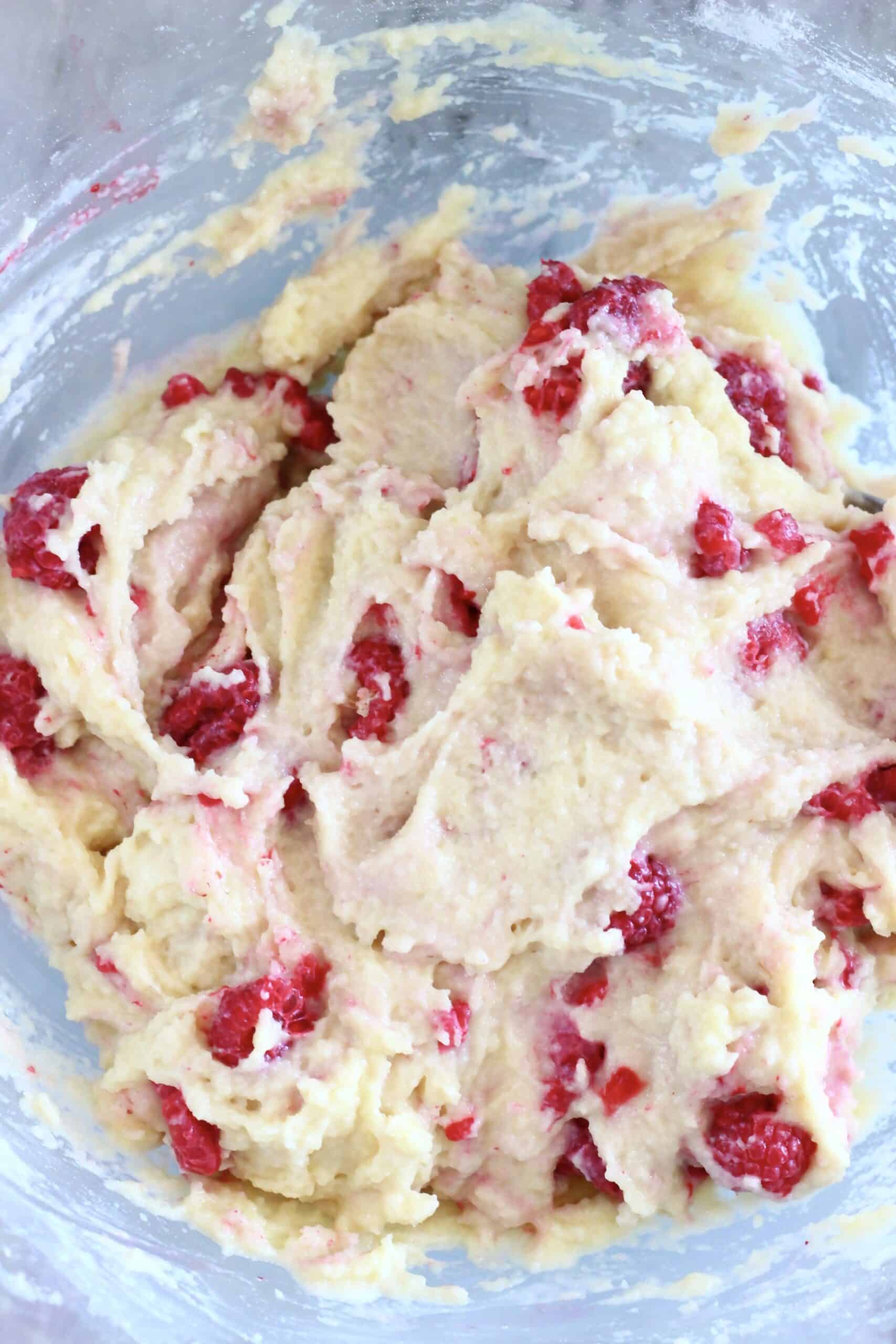 Raw gluten-free vegan raspberry cake batter in a bowl