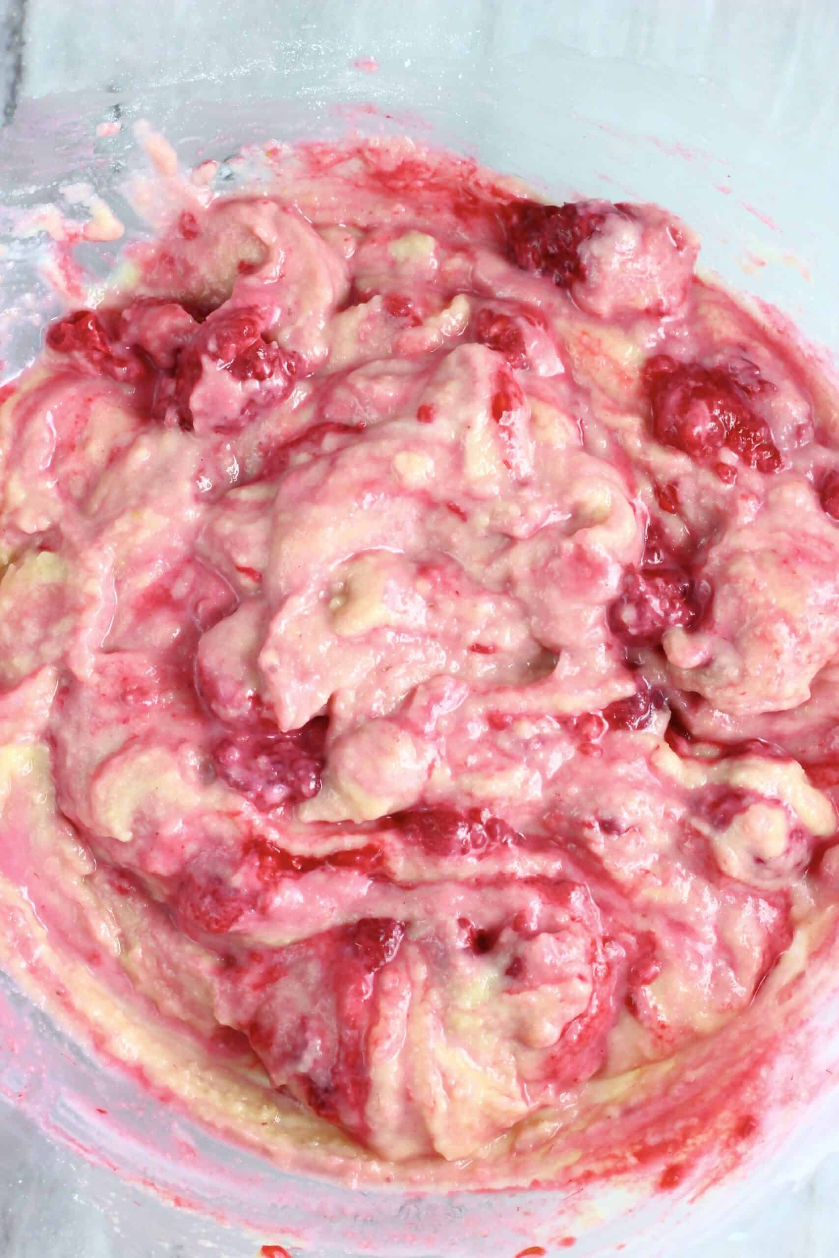 Raw gluten-free vegan raspberry madeleines batter in a bowl