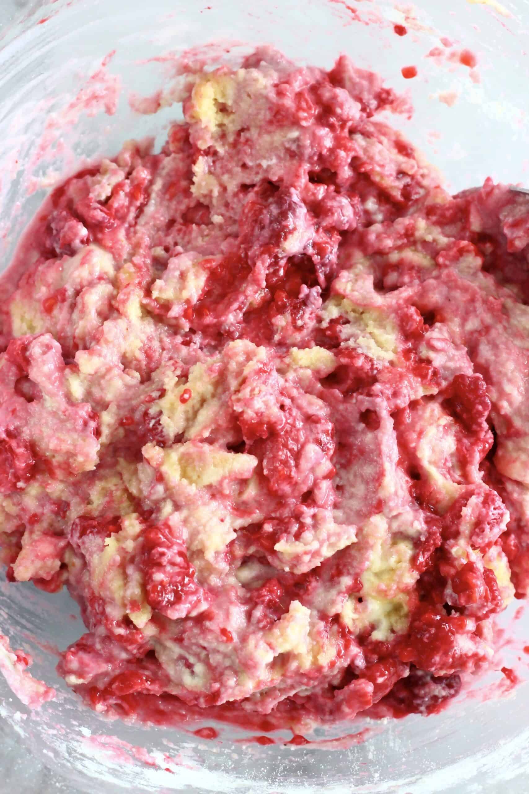 Raw gluten-free vegan raspberry scones batter in a bowl