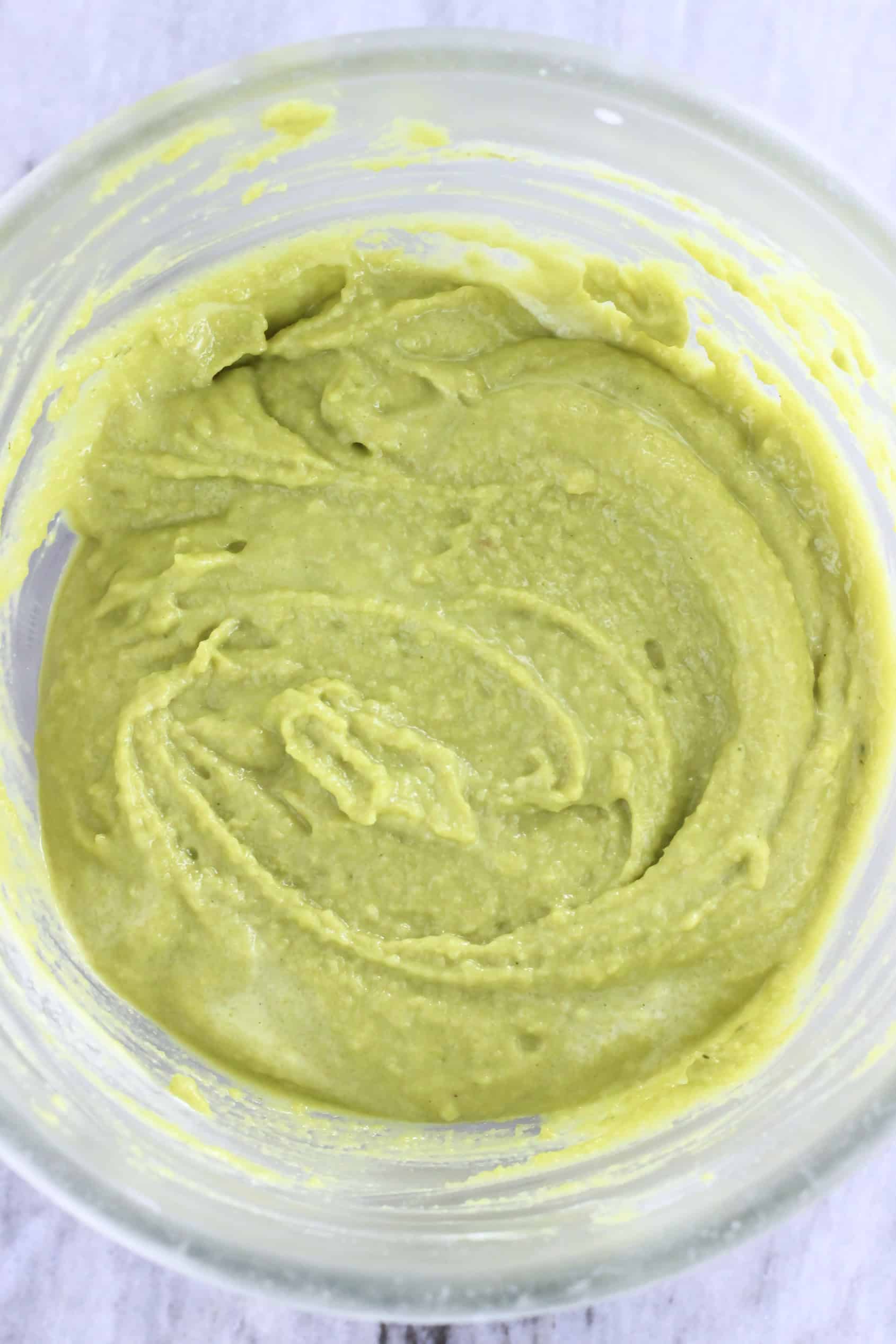 Gluten-free vegan matcha muffins batter in a bowl