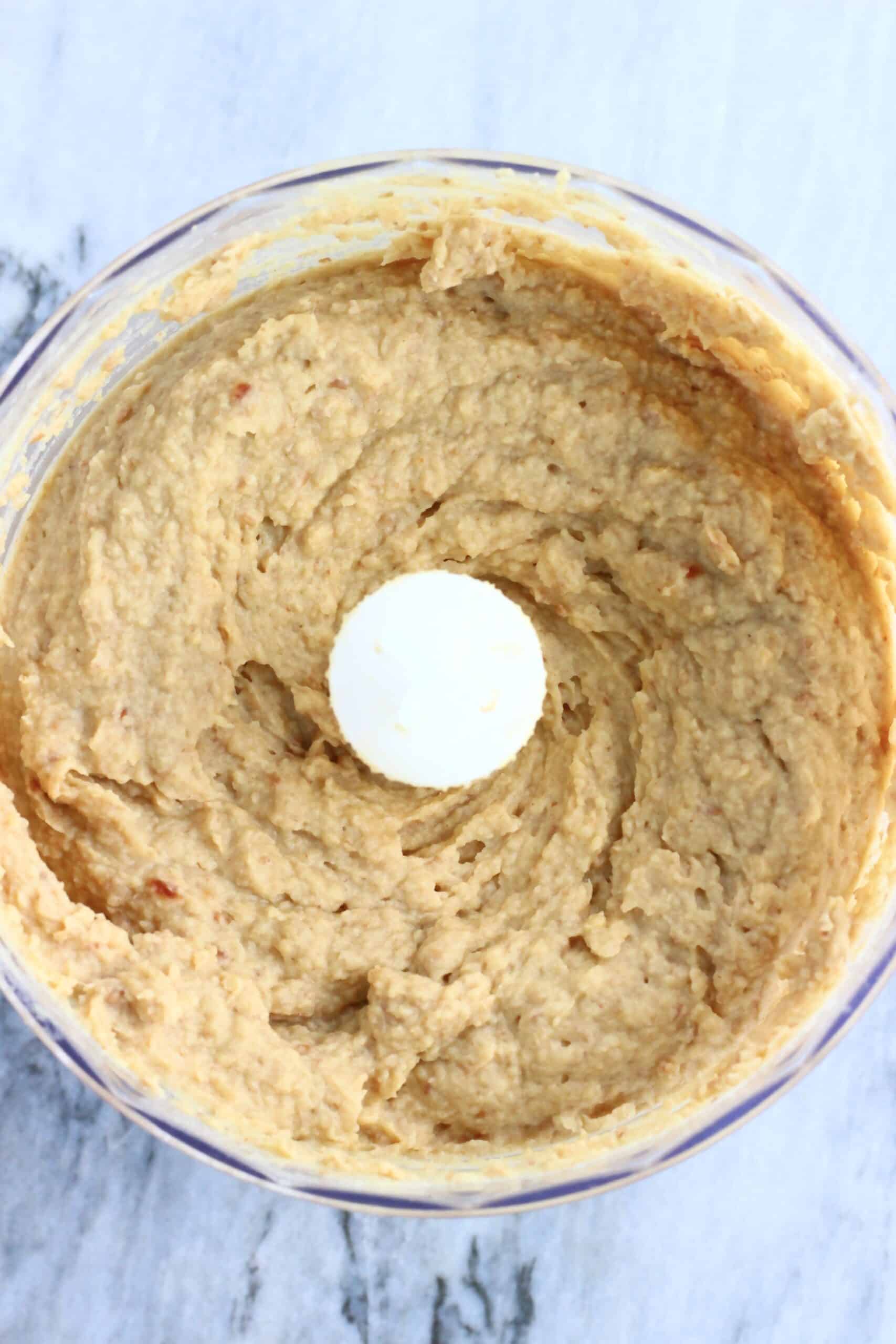 Blended up chickpeas, dates and almond butter in a food processor