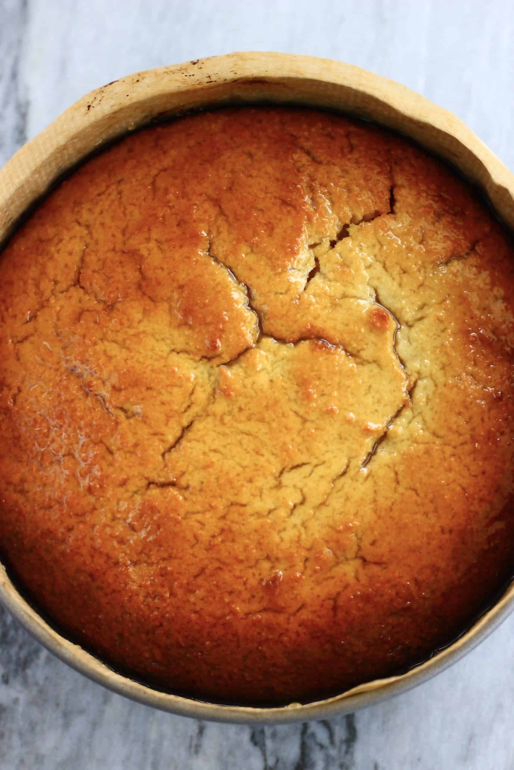 A gluten-free vegan lemon olive oil cake soaked with lemon syrup in a round springform baking tin