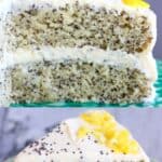 A collage of two gluten-free vegan lemon poppy seed layer cake photos